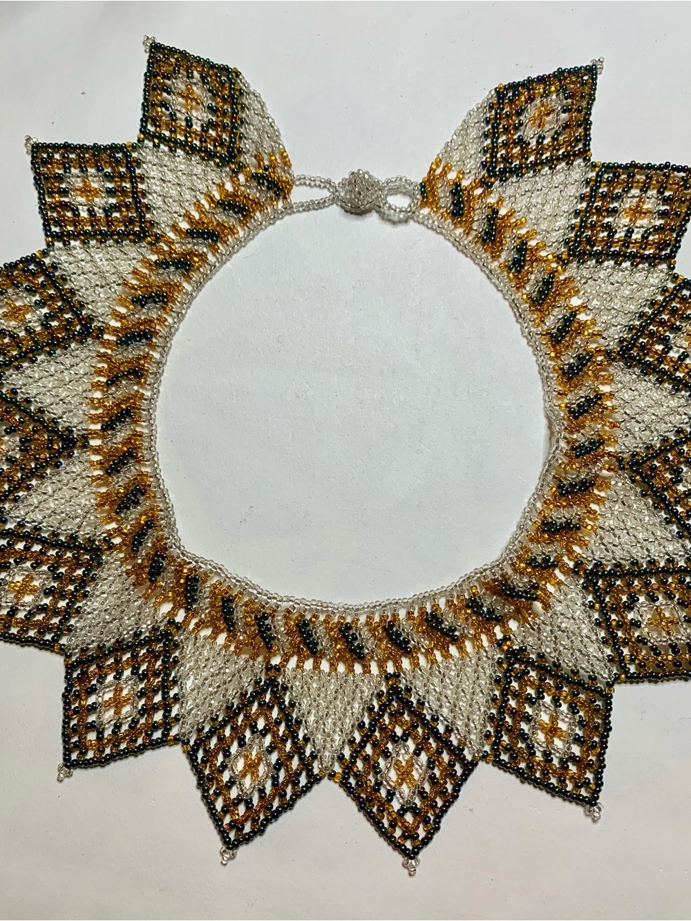 Artisanal Beaded Collar Necklace in Cream and Gold